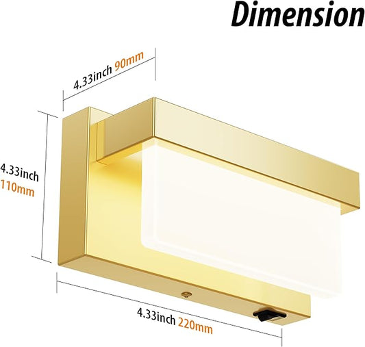Wall Sconce Gold Wall Light with On/Off Switch 8 inch LED Wall Lamp Acrylic Lampshade 4000K Sconce Wall Lighting