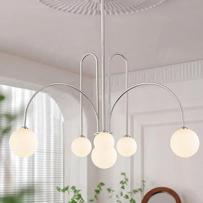 Brushed Nickel Sputnik Chandelier,Modern 6 Lights Chandelier Large L40”Mid Century Long Ceiling Pendant Light Fixtures for Dining Room with Milk Glass Globe Shades for High Ceiling Foyer Living Room