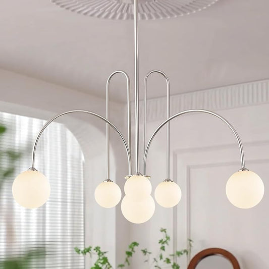 Brushed Nickel Sputnik Chandelier,Modern 6 Lights Chandelier Large L40”Mid Century Long Ceiling Pendant Light Fixtures for Dining Room with Milk Glass Globe Shades for High Ceiling Foyer Living Room