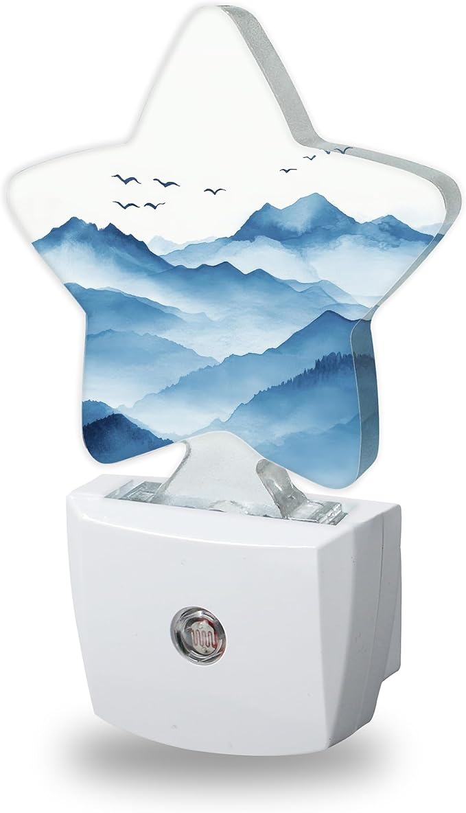 Night Lights Plug Into Wall Decorative,Watercolor Mountain Nightlights for Kids Bedroom, Blue Energy Efficient Dusk-to-Dawn Sensor Sleep Friendly Lamp for Nursery Bathroom