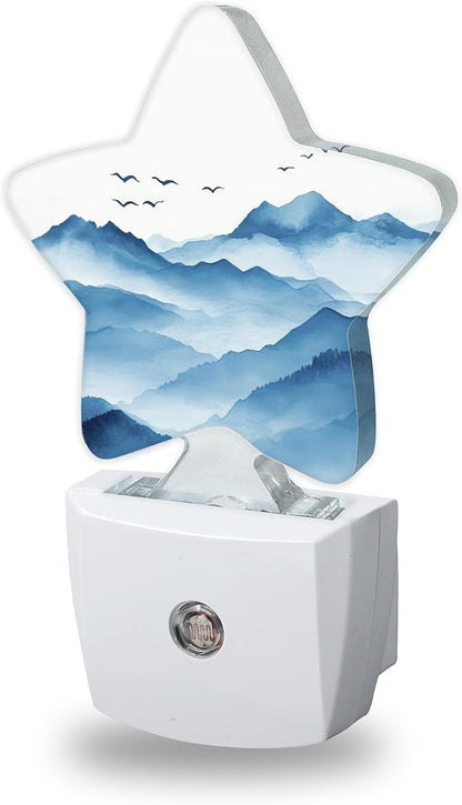 Night Lights Plug Into Wall Decorative,Watercolor Mountain Nightlights for Kids Bedroom, Blue Energy Efficient Dusk-to-Dawn Sensor Sleep Friendly Lamp for Nursery Bathroom