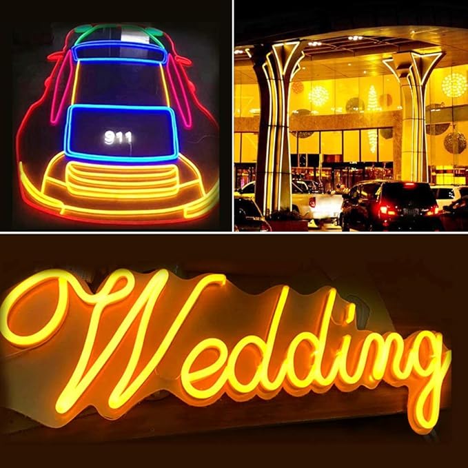 YM E-Bright Led Neon Strip Lights Without Power Supply, 12V Silicone Rope Indoor Outdoor 16.4Ft 600SMD Waterproof Flexible for Signboard Bar TV Kitchen Bedroom Home Party Decoration,Yellow/Amber