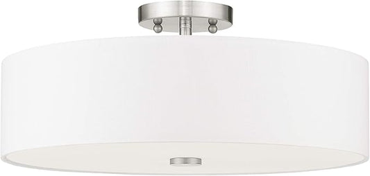 Livex Lighting 51055-91 Meridian Collection 4-Light Semi Flush Mount Ceiling Fixture with Off-White Fabric Hardback Drum Shade, Brushed Nickel