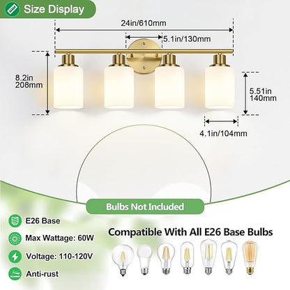 Zarbitta 4-Light Bathroom Light Fixtures, Brushed Gold Modern Vanity Lights with Milky White Frosted Glass Shades, Bathroom Wall Lamp for Mirror Kitchen Living Room