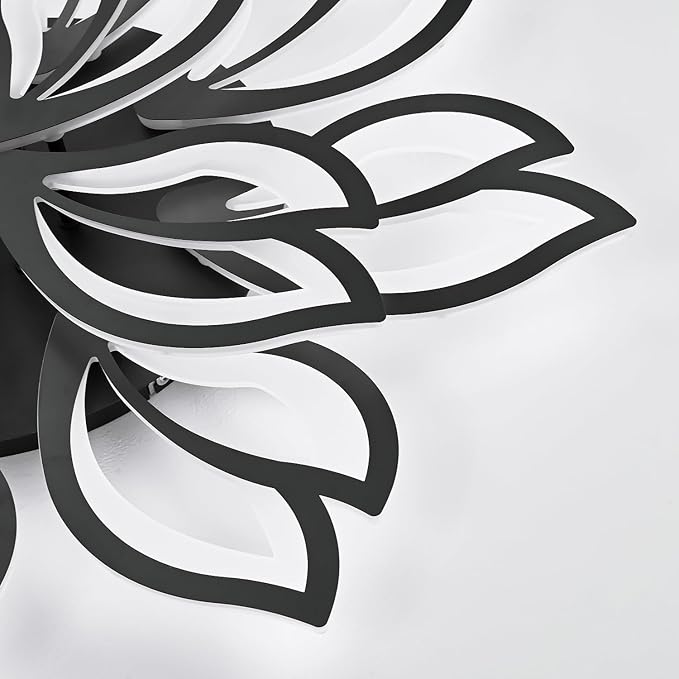 Modern Black Flower Ceiling Light Fixture, 30 Inch Dimmable Flush Mount with 12 Leaves, Low Profile for Living Room, Dining Room, Bedroom