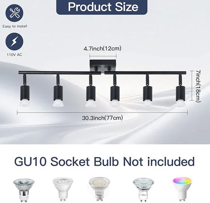 6-Light Kitchen Track Lighting, Black Adjustable GU10 Track Ceiling Light Kit, Industrial Flush Mount Ceiling Spotlight Fixture for Hallway, Dining Room