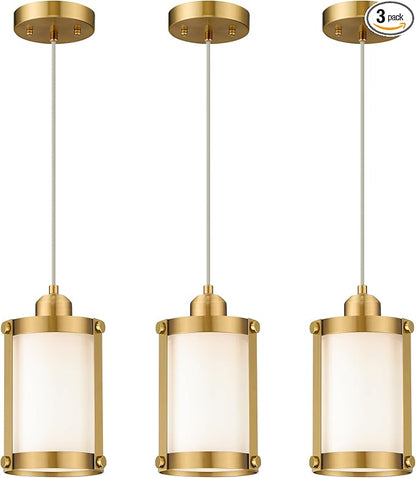 Brushed Gold Pendant Lights Kitchen Island 3 Pack, Modern Kitchen Pendant Lighting Over Island with Milk Glass, Farmhouse Brass Mini Hanging Light for Kitchen Sink Dining Room, OS-3014-3PBG