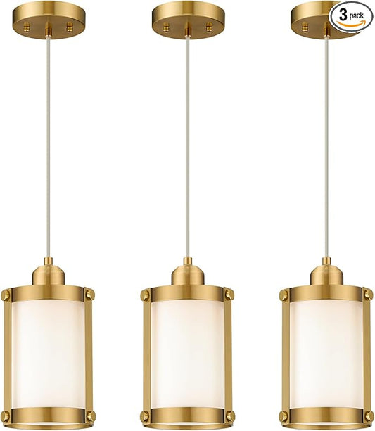 Brushed Gold Pendant Lights Kitchen Island 3 Pack, Modern Kitchen Pendant Lighting Over Island with Milk Glass, Farmhouse Brass Mini Hanging Light for Kitchen Sink Dining Room, OS-3014-3PBG