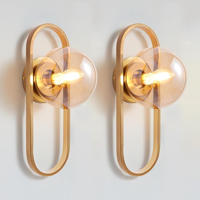 Gold Wall Lamp Sconces Set of 2 with Amber Globe Glass Shade - Wall Lights for Living Room & Bedrooms