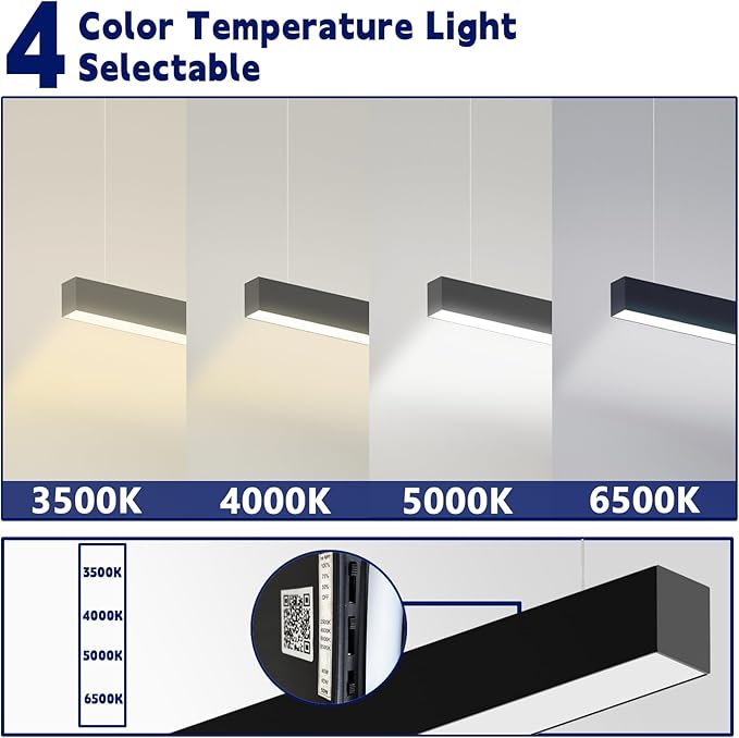 4FT LED Linear Light Fixture, 4CCT 50W 3500K/4000K/5000K/6500K CCT Selectable, Dimmable Architectural LED Suspension Commercial Shop Lighting Fixture for Office, ETL Listed, 4 Pack