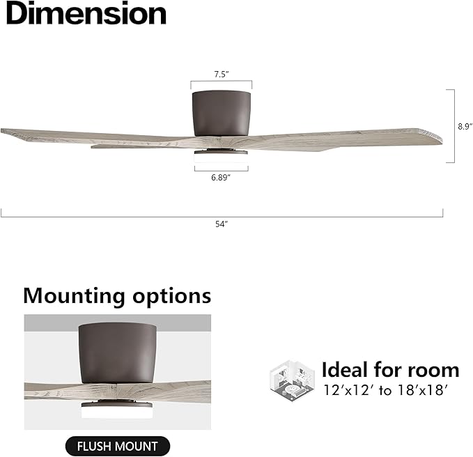 WINGBO 54 Inch Flush Mount DC Ceiling Fan with Lights and Remote, 4 Reversible Carved Wood Blades, 6-Speed Noiseless DC Motor, Hugger Ceiling Fans in Graphite Finish with Barn Wood Blades