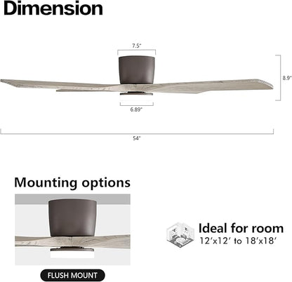 WINGBO 54 Inch Flush Mount DC Ceiling Fan with Lights and Remote, 4 Reversible Carved Wood Blades, 6-Speed Noiseless DC Motor, Hugger Ceiling Fans in Graphite Finish with Barn Wood Blades