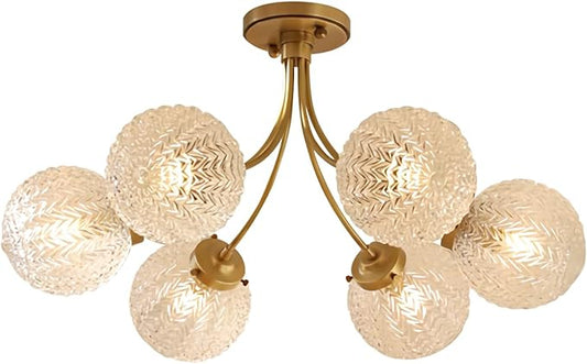 Glass Chandelier 6-Light Vintage Flush Mount Ceiling Light Gold Chandelier, Snowflake Globe Shade, Sputnik Brass Ceiling Light, Dining Room Chandelier for Kitchen Bedroom Living Room