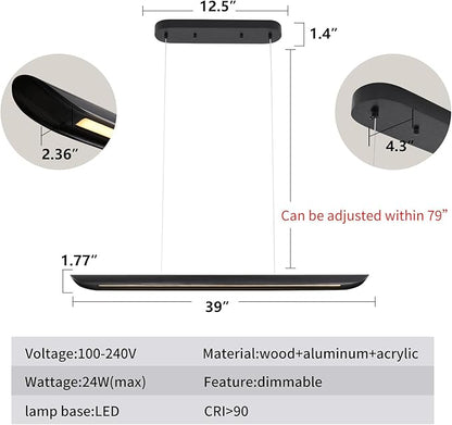 39" Modern Led Linear Pendant Light Dimmable Ceiling Hanging Lights Wood Linear Chandeliers Office Lighting for Dining Room Kitchen Island Pool Table Light Living Room Bar Pendant Light Black 24W