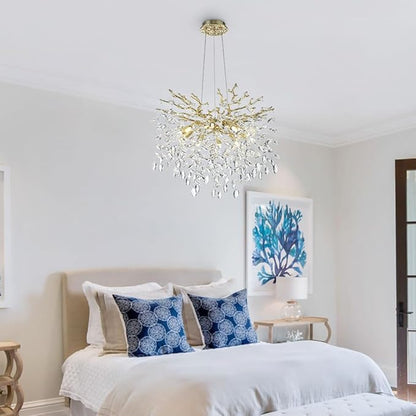 Modern Crystal Tree Branches Chandelier, 23.5in Gold 8 Lights Large Ceiling Hanging Light for Dining Room, Round Raindrop Pendant Light Fixture