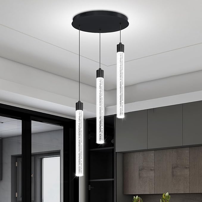 LED Black 3-Light Pendant Light for Kitchen Island Modern Dimmable Led Crystal Column Chandelier for Dining Room Foyer Entryway Hanging Pendant Lighting 2700K-6000K