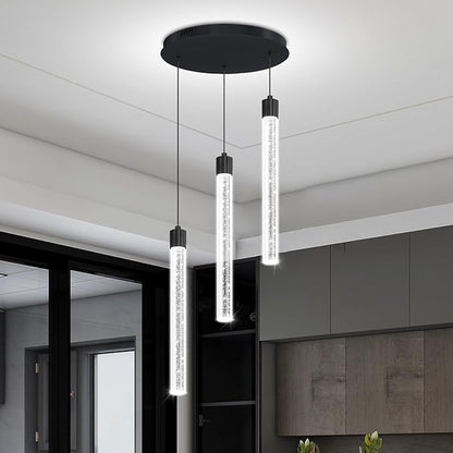 LED Black 3-Light Pendant Light for Kitchen Island Modern Dimmable Led Crystal Column Chandelier for Dining Room Foyer Entryway Hanging Pendant Lighting 2700K-6000K
