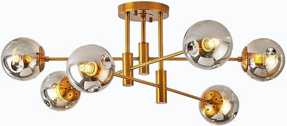 DDLLDESHI 6 Lights Gold Chandelier Globe Glass Cover Sputnik Ceiling Light Fixture,34" Large Dining Room Light Fixture Smoke Bubble Chandeliers for Living Room（Modern Chandelier Decor