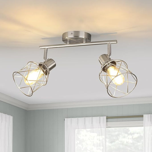 WILON Industrial Track Lighting Kit, 2 Light Modern Track Lighting Fixtures Brushed Nickel Flush Mount Ceiling Light Rotatable Light Head E26 Base Ceiling Spotlight for Kitchen Dining Room Hallway