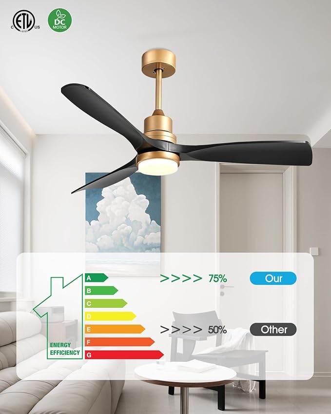 52" Modern Black and Gold Ceiling Fan with Lights and Remote, ETL Listed, 3 Downrods, 3 Wood Blade Gold Black Ceiling Fans, Reversible Quiet DC Motor, 3 Timer for Outdoor Patio Bedroom,52in,Black Gold