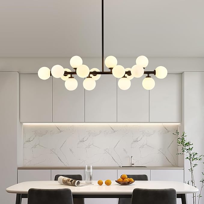 Modern Linear Chandeliers Black 16 Lights Pendant Light Fixtures Bubble Glass Chandelier Mid Century Sputnik Chandelier for Kitchen Island Dining Room
