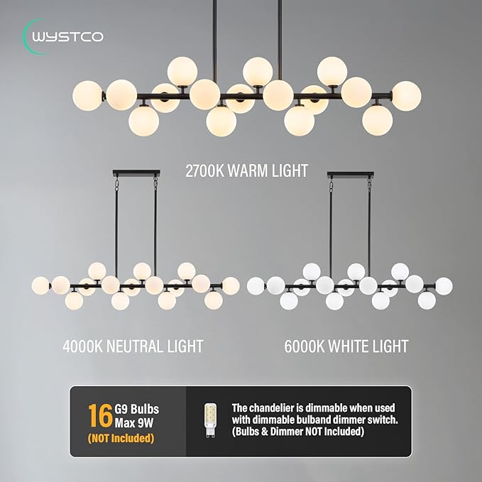 56 Inch Black Linear Chandeliers for Dining Room, Kitchen Island, Living Room, 16-Light Mid Century Modern Light Fixture Over Table, Large Milk White Glass Globe Sputnik Bubble Chandelier