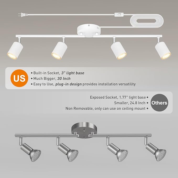Track Lighting Plug in, LED Track Lighting Fixtures Ceiling Kit, White 4-Light Ceiling Light Plug-in, Wall Light with 14.8ft Power Cord, Rotatable Kitchen Spotlight for Bedroom(GU10 Socket, NO Bulb)
