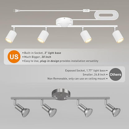 Track Lighting Plug in, LED Track Lighting Fixtures Ceiling Kit, White 4-Light Ceiling Light Plug-in, Wall Light with 14.8ft Power Cord, Rotatable Kitchen Spotlight for Bedroom(GU10 Socket, NO Bulb)