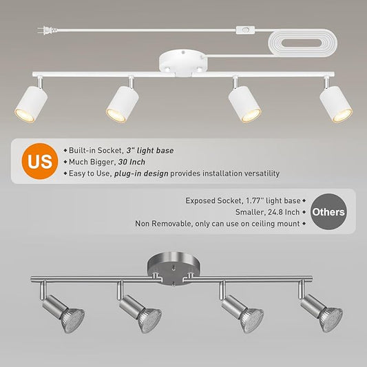 Track Lighting Plug in, LED Track Lighting Fixtures Ceiling Kit, White 4-Light Ceiling Light Plug-in, Wall Light with 14.8ft Power Cord, Rotatable Kitchen Spotlight for Bedroom(GU10 Socket, NO Bulb)
