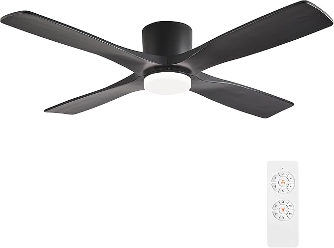 WINGBO 48 Inch Flush Mount DC Ceiling Fan with Lights and Remote, 4 Reversible Carved Wood Blades, 6-Speed Noiseless DC Motor, Hugger Ceiling Fan in Black Finish, Low Profile Ceiling Fans, ETL Listed