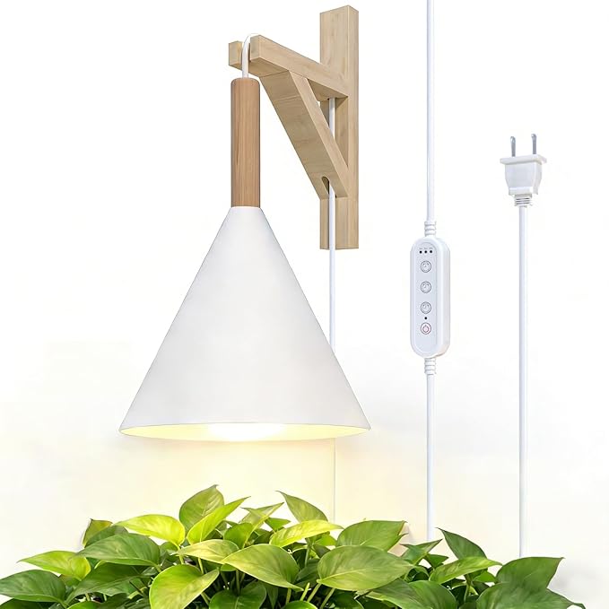 Hanging Grow Light with Timer, 20W Full Spectrum Plant Lamp for Indoor Plants, 14.5 ft Power Cord, Adjustable Height, Wall-Mounted Growing Light for Large Tall Plants, Succulents and Flowers (White)