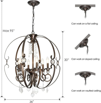 Oil-Rubbed Bronze Crystal Chandeliers for Dining Room Light Fixture, 6-Light 26 Inch Sphere Vintage Chandelier for Kitchen Island, Living Room, Foyer, Staircase, Entry, Villa