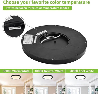 hykolity 12 Inch Selectable CCT LED Round Flat Panel Light, 24W 3000K/4000K/5000K, Edge-Lit Flush Mount Ceiling Light Fixture for Kitchen, Bedroom, Laundry and Closet Room, Black
