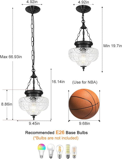 Vintage Pendant Light, Matte Black Pendant Lights Kitchen Island with Unique Thickened Glass, Hanging Lighting Fixtures with Adjustable Chain, Chandelier for Kitchen, Island, Dining Room, Entryway