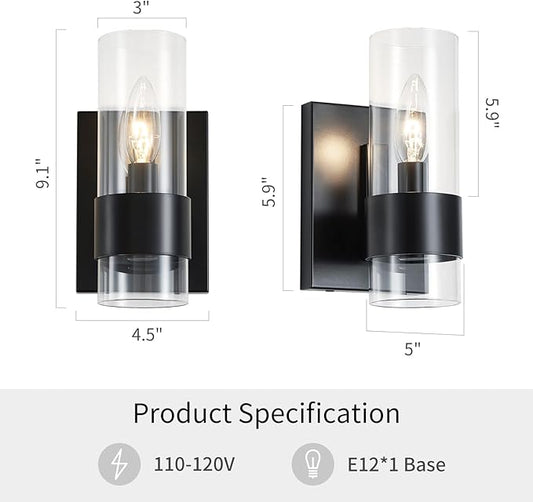 WUZUPS Set of 2 1-Light Bathroom Wall Light Fixture Over Mirror Flat Class Shade Morden Vanity Scones for Bathroom Bedroom Living Room, E12 Base, Black