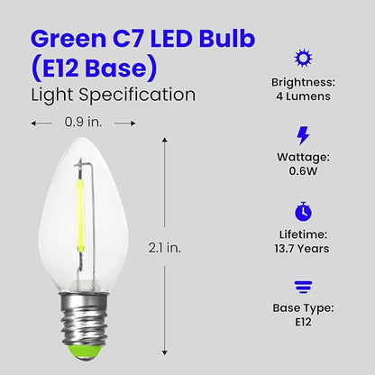 Feit Electric BPC7/G/LEDG2/2/6 7W Equivalent 0.1 Watt Candelabra Base Holiday Party Decorative LED C7 Light Bulb, 2.15" H x 1" D, Green, 12