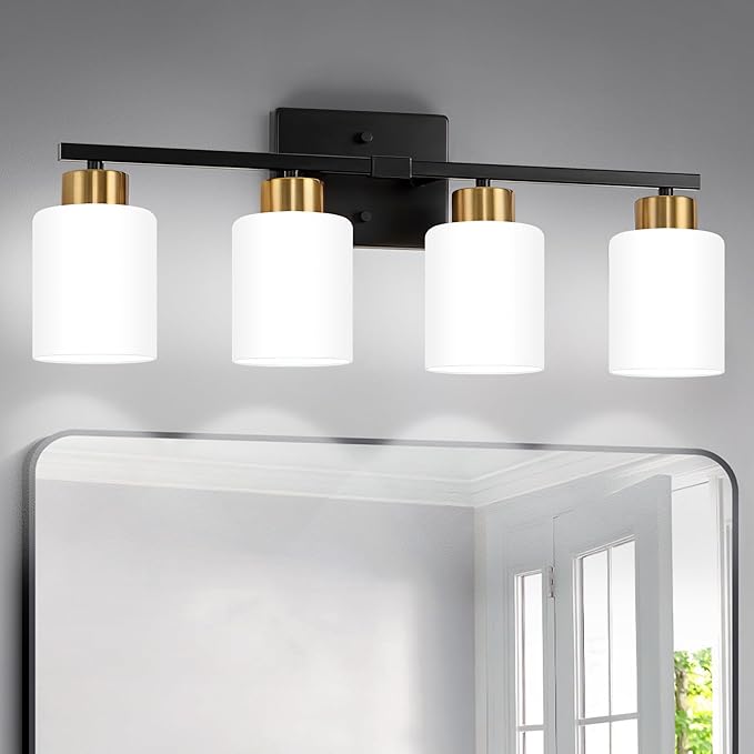 FonmYim Black and Gold Bathroom Light Fixtures, 4-Light Modern Vanity Light Over Mirror, Wall Sconces with Milky White Frosted Glass Shades, E26 Socket (Bulbs Not Included)