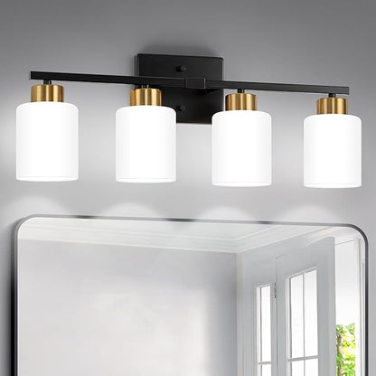 FonmYim Black and Gold Bathroom Light Fixtures, 4-Light Modern Vanity Light Over Mirror, Wall Sconces with Milky White Frosted Glass Shades, E26 Socket (Bulbs Not Included)