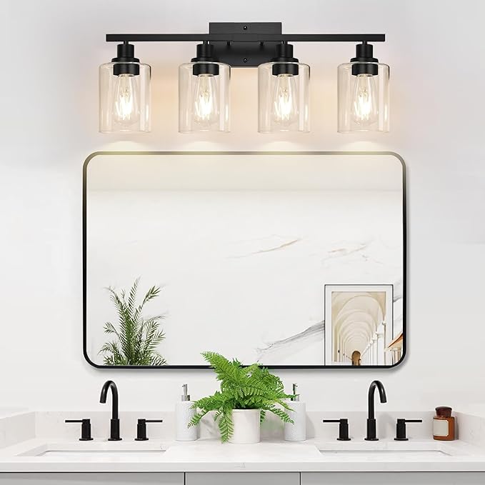 MOKATNG 4-Light Bathroom Light Fixtures, Vanity Light with Clear Glass Shades, Matte Black Bathroom Light Fixtures Over Mirror, Modern Bathroom Wall Lamp for Mirror Living Room Cabinet Bedroom