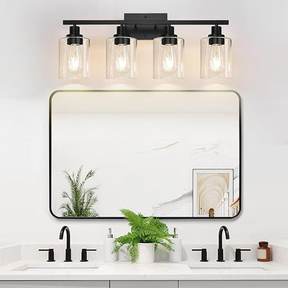 MOKATNG 4-Light Bathroom Light Fixtures, Vanity Light with Clear Glass Shades, Matte Black Bathroom Light Fixtures Over Mirror, Modern Bathroom Wall Lamp for Mirror Living Room Cabinet Bedroom