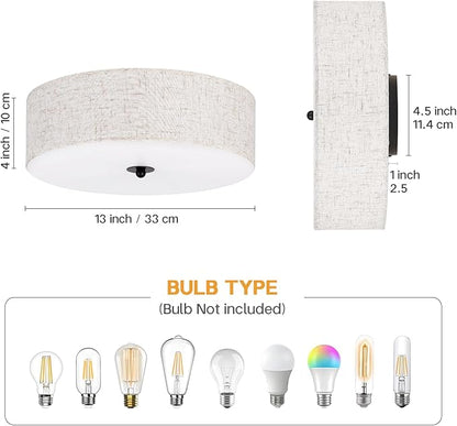 CALOKES Flush Mount Ceiling Light Fixture, 13" Close to Ceiling Light with Beige Fabric Linen Drum Shade, 2-Light Modern Round Ceiling Light for Bedroom Hallway Dining Kitchen