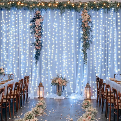 Baby Blue Sheer Tulle Backdrop Curtains with Lights String for Baby Shower Party Wrinkle Free Curtain Backdrops Drapes for Wedding Birthday Party Photo Back Drop Background Home Decorations 10ft x 8ft