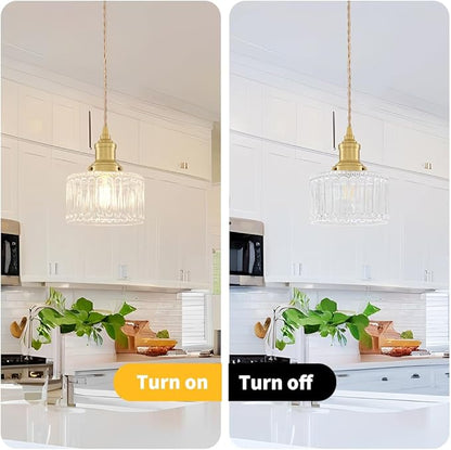 Vintage Pendant Lights for Kitchen with Clear Striped Glass Shade, 6.9 In Brushed Gold Pendant Lights Kitchen Island, Small Kitchen Island Lighting Adjustable Hanging Light for Entrance Hallway
