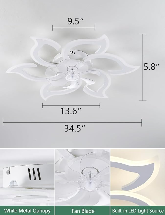 Flower Ceiling Fans with Lights and Remote, 33.5 Inch Modern Low Profile Flush Mount Ceiling Fan, Dimmable LED Ceiling Light Fixture, Small Ceiling Fans for Bedroom, Kitchen, Indoor-White
