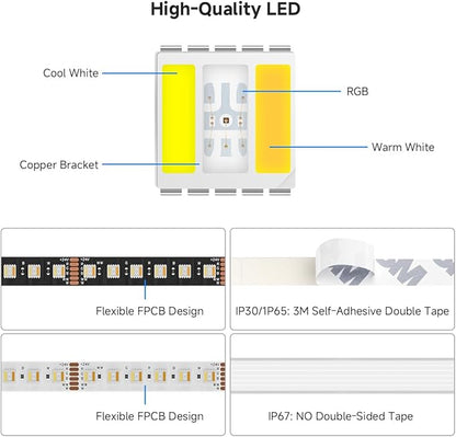 BTF-LIGHTING RGBCCT 5 Colors in 1 LED 5050SMD RGBWW RGB+Dimmable Tunable Color Temperature 2700K-6500K UL Listed 16.4ft 96LEDs/m 480LEDs DC24V Multi-Colored Tape Lights IP65(No Adapter or Controller)