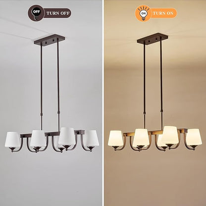 Dining Room Light Fixture Chandelier Over Table,6 Light Kitchen Island Lighting Hanging for Farmhouse Linear Chandeliers Oil Rubbed Bronze Rustic Ceiling Pendant Light with Frosted Glass Shade