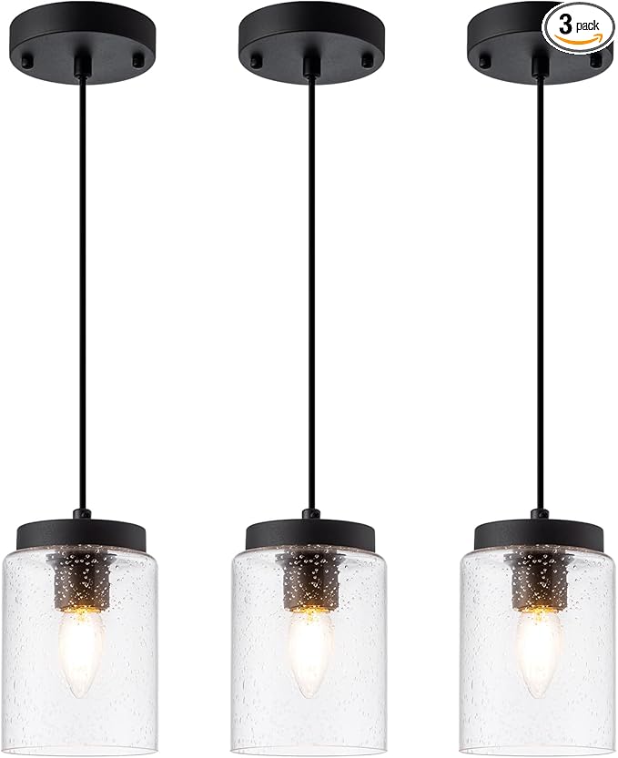 3 Pack Seeded Glass Pendant Light Black Pendant Lighting Modern Mini Hanging Lighting Adjustable Cord for Kitchen Island Dining Room Sink,4.7in