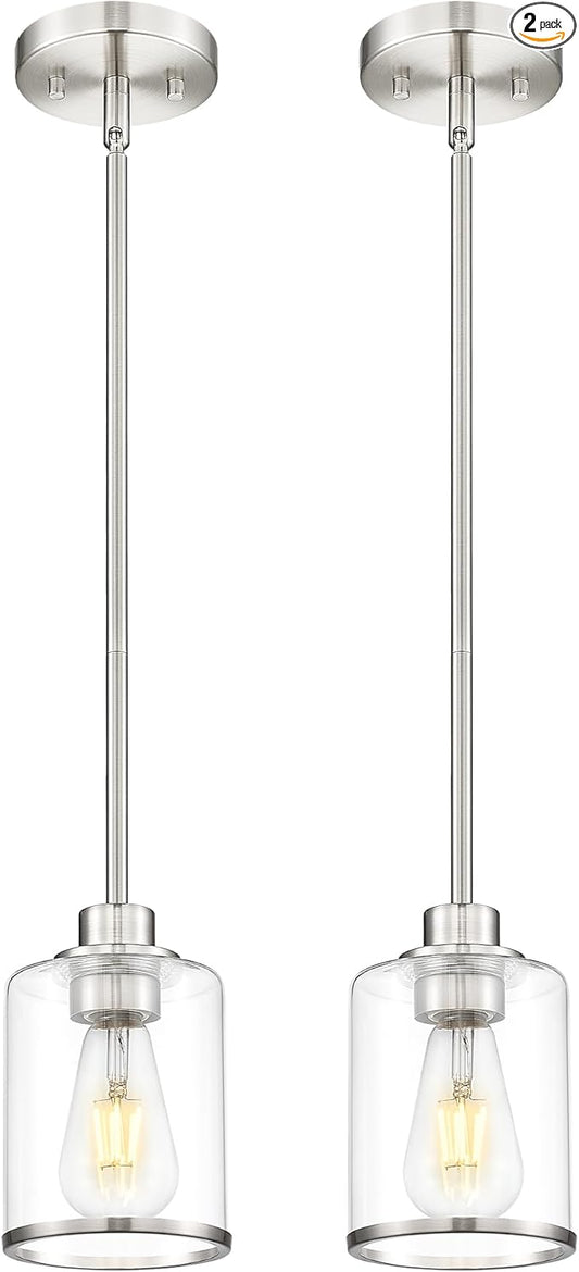 Beionxii Brushed Nickel Pendant Lights Kitchen Island 2 Pack, Hanging Lights Fixtures with Clear Glass, Kitchen Pendant Lighting Over Island, Hanging Lights for Sink Dining Room Entryway BX-PL02BN-2CG