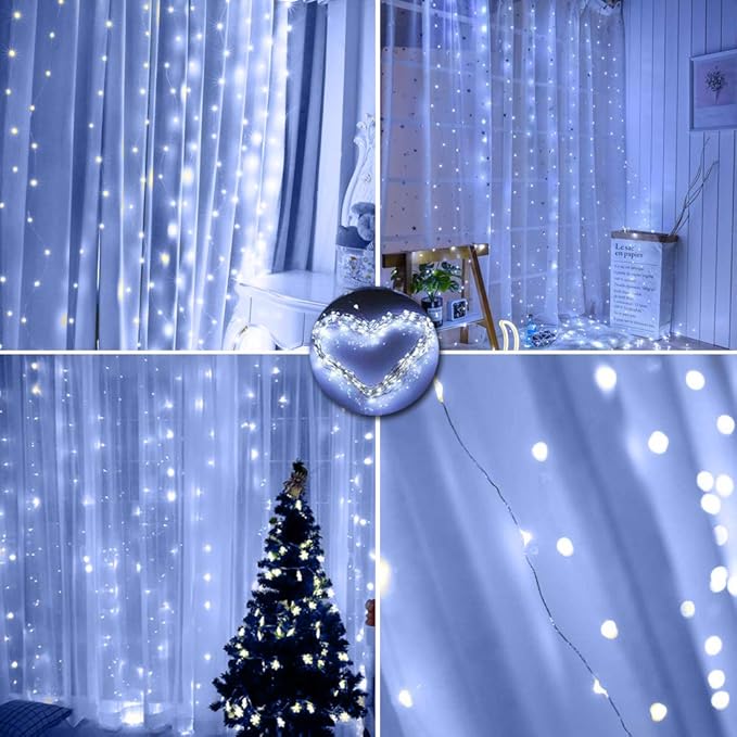 Curtain Lights 300 LED String Lights, Hanging Window Lights USB Powered 8 Mode & Timer Remote Dimmable Copper Lights for Bed Canopy, Home, Girls Bedroom, Party, Wall Decor-9.8ft x 9.8ft(Cool White)