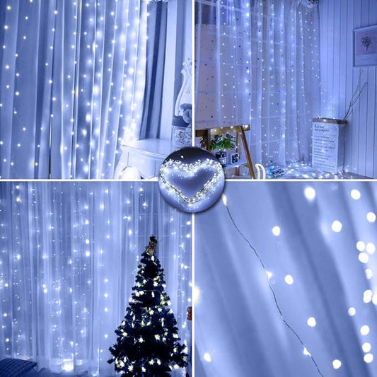 Curtain Lights 300 LED String Lights, Hanging Window Lights USB Powered 8 Mode & Timer Remote Dimmable Copper Lights for Bed Canopy, Home, Girls Bedroom, Party, Wall Decor-9.8ft x 9.8ft(Cool White)